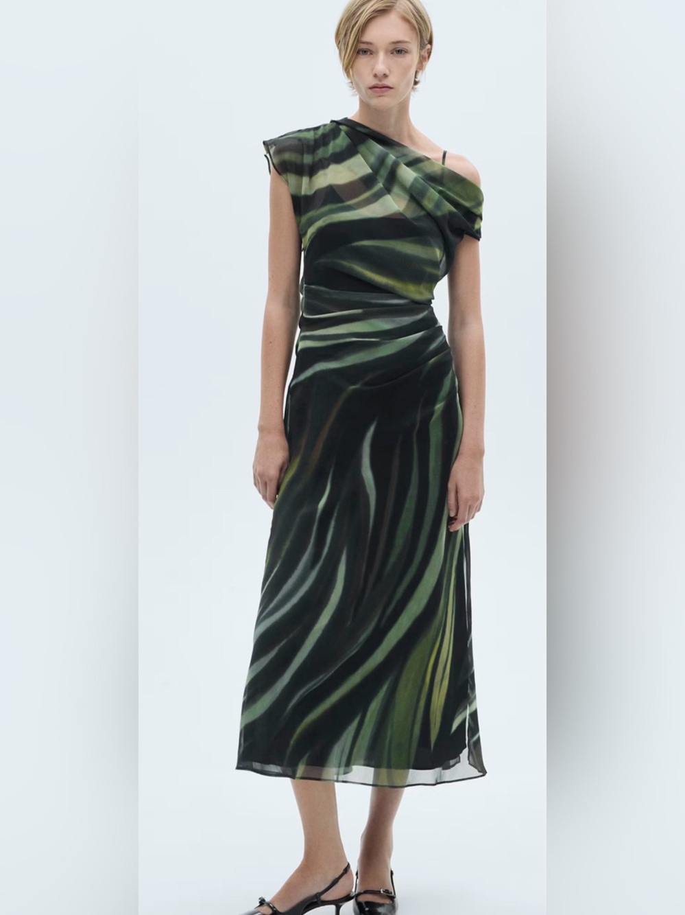 Mango One-Shoulder Green Wave-Print Midi Dress